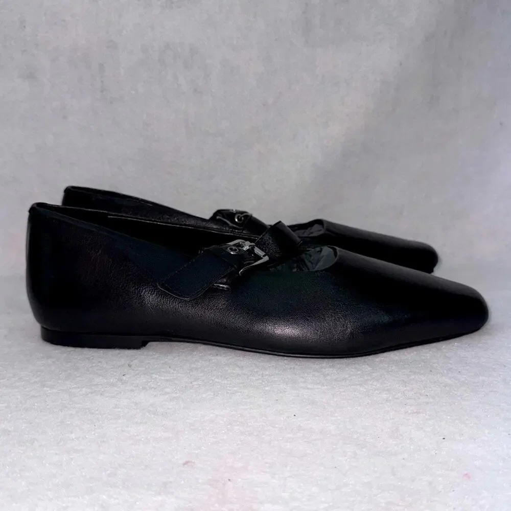 Topshop Cyndi Leather Square Toe Ballet Flats Shoes with Buckle Black size 8.5